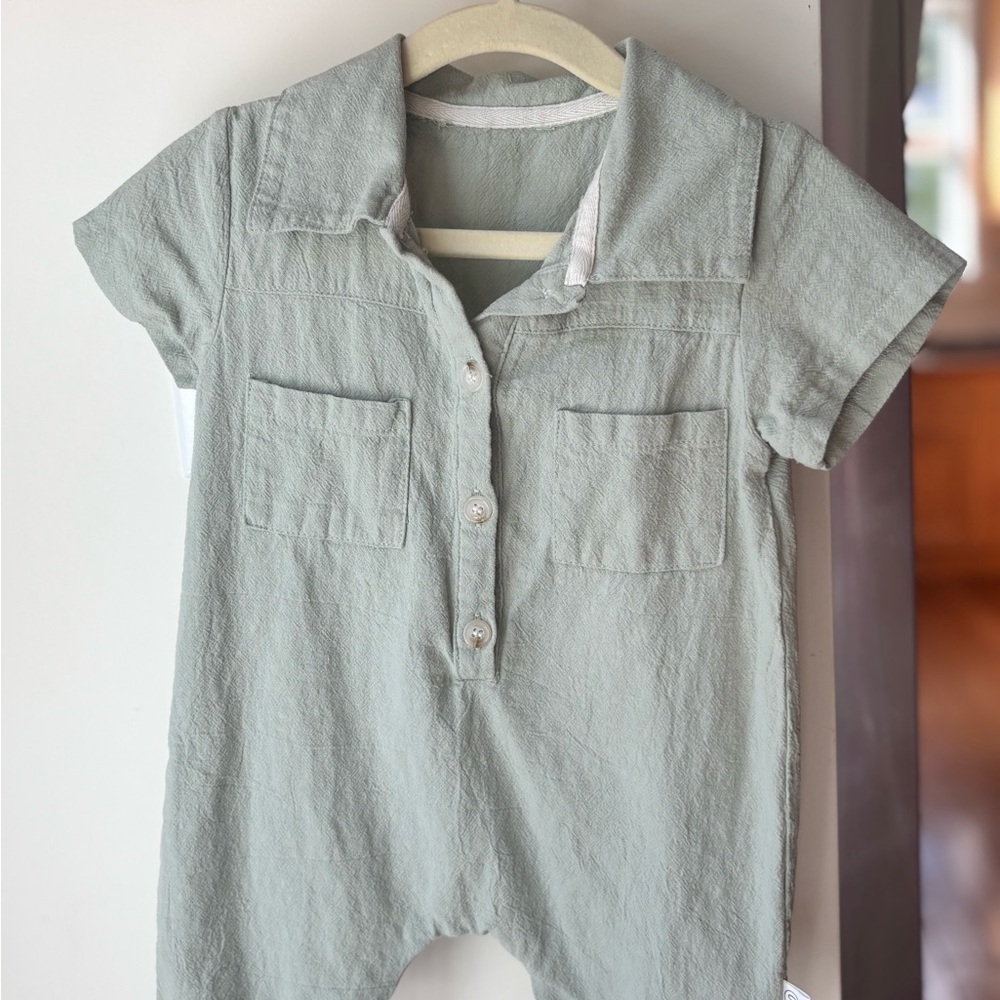 Green Short Sleeve Button-Up Romper